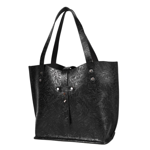 Handcrafted Leather Tote Bag – Black Tooled Carryall for Everyday Use(1404 e)