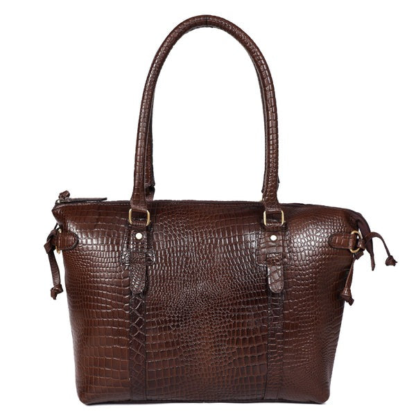 Premium Leather Laptop Tote Bag – Handcrafted Women’s Work & Travel Shoulder Bag | Stylish Brown Croc-Embossed Design