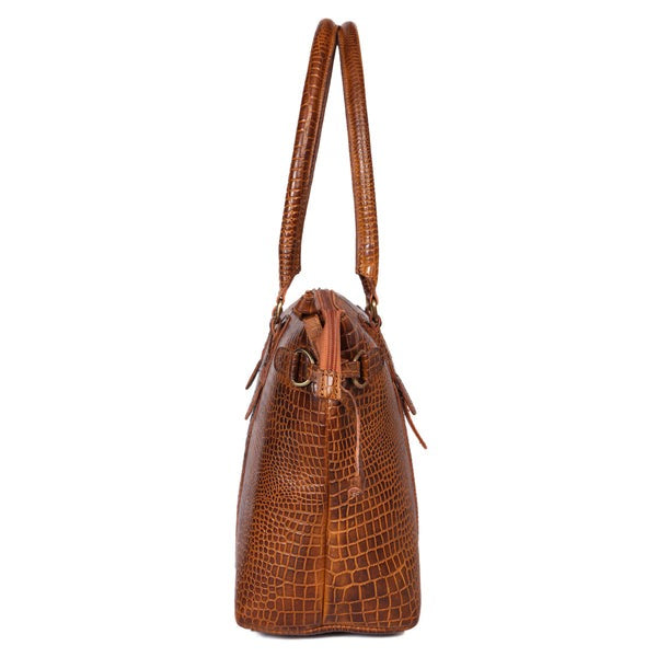 Premium Leather Laptop Tote Bag – Handcrafted Women’s Work & Travel Shoulder Bag | Stylish Brown Croc-Embossed Design
