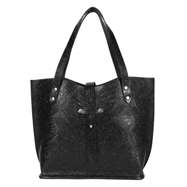Handcrafted Leather Tote Bag – Black Tooled Carryall for Everyday Use(1404 e)