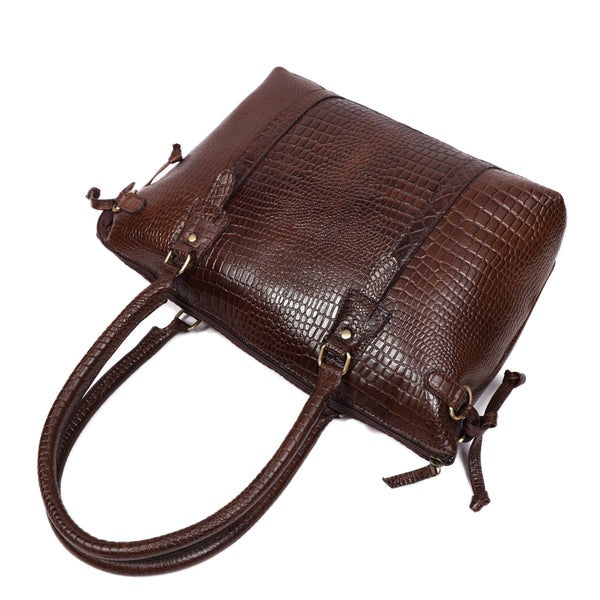 Premium Leather Laptop Tote Bag – Handcrafted Women’s Work & Travel Shoulder Bag | Stylish Brown Croc-Embossed Design