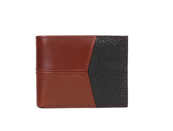 Two-tone brown and black leather wallet on a white background