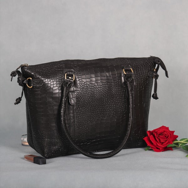 Premium Leather Laptop Tote Bag – Handcrafted Women’s Work & Travel Shoulder Bag | Stylish Brown Croc-Embossed Design