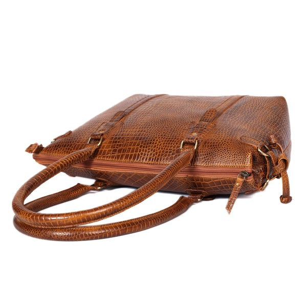 Premium Leather Laptop Tote Bag – Handcrafted Women’s Work & Travel Shoulder Bag | Stylish Brown Croc-Embossed Design