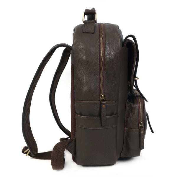 Brown leather backpack with multiple pockets on a white background