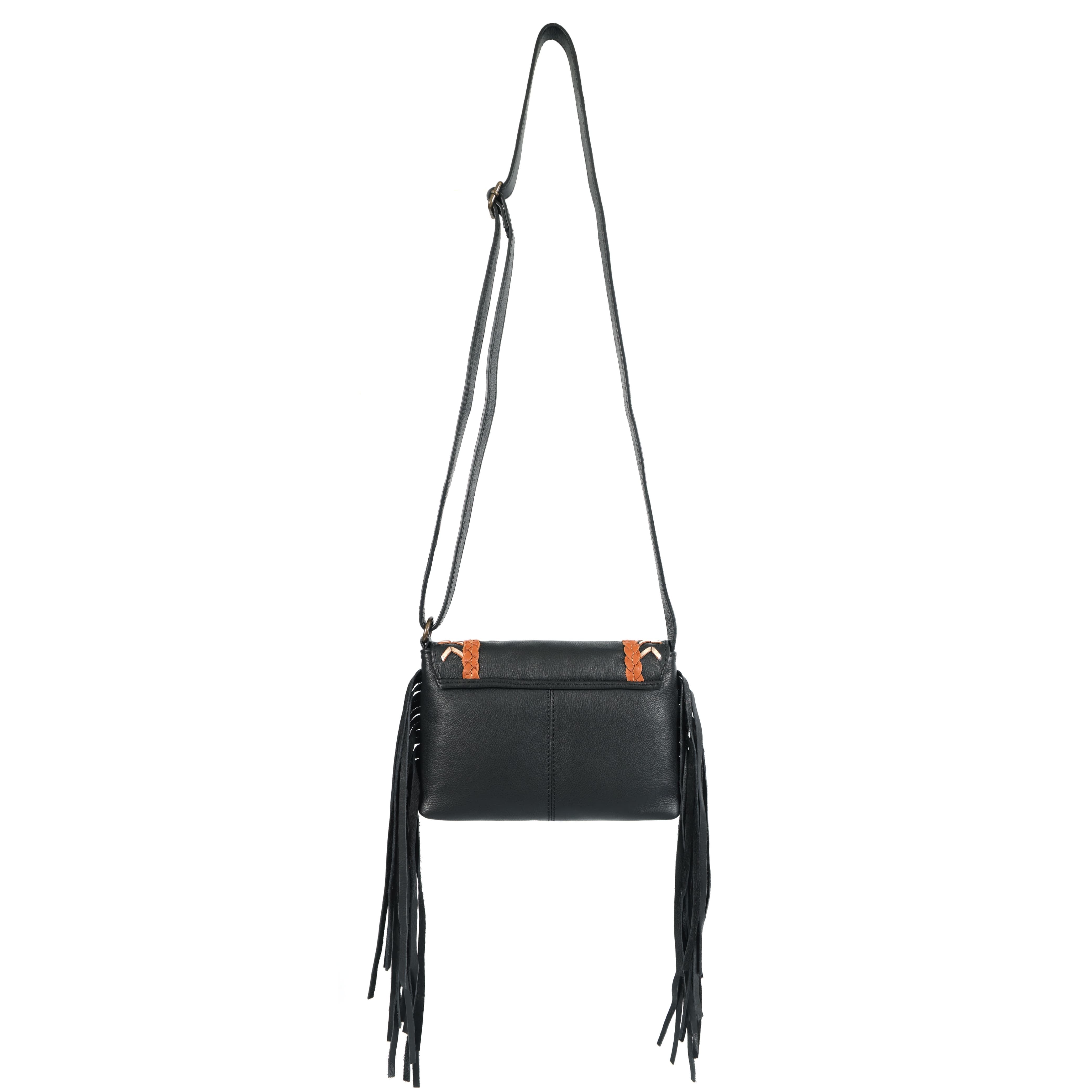 Black leather crossbody bag with fringe details on a white background