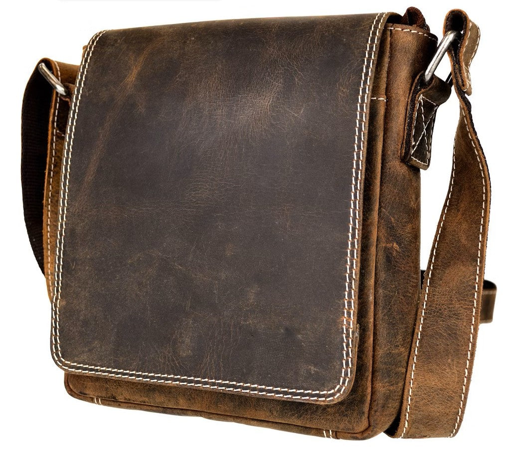 Brown leather messenger bag on a white background
