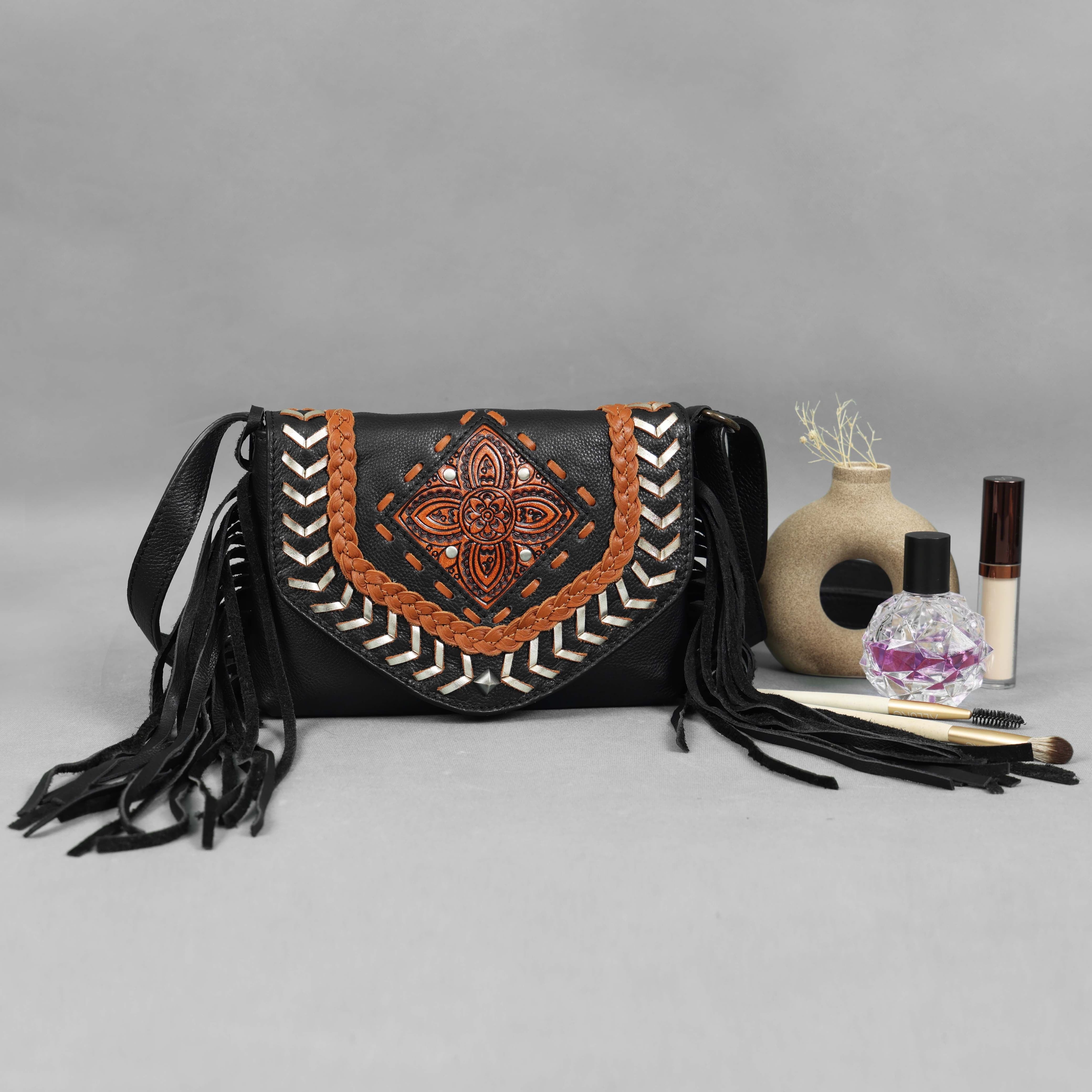 Coachella Sling | Boho Fringe Crossbody with Hand-Tooled Design(EL-GM-48-ON )