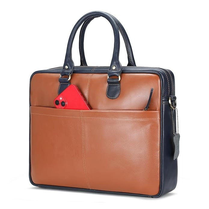 Brown leather briefcase with a red phone in a pocket on a white background
