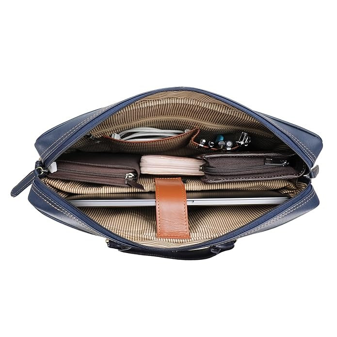Open blue bag with compartments and a brown handle on a white background
