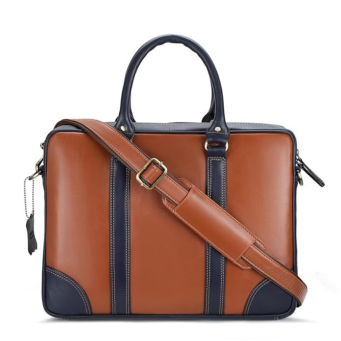 Brown and navy leather briefcase with a shoulder strap on a white background