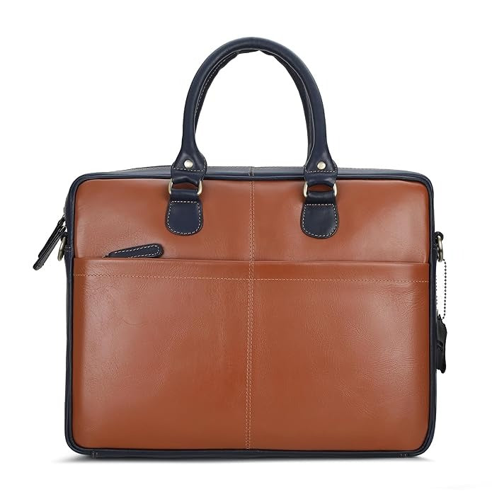 Brown leather briefcase with black accents on a white background