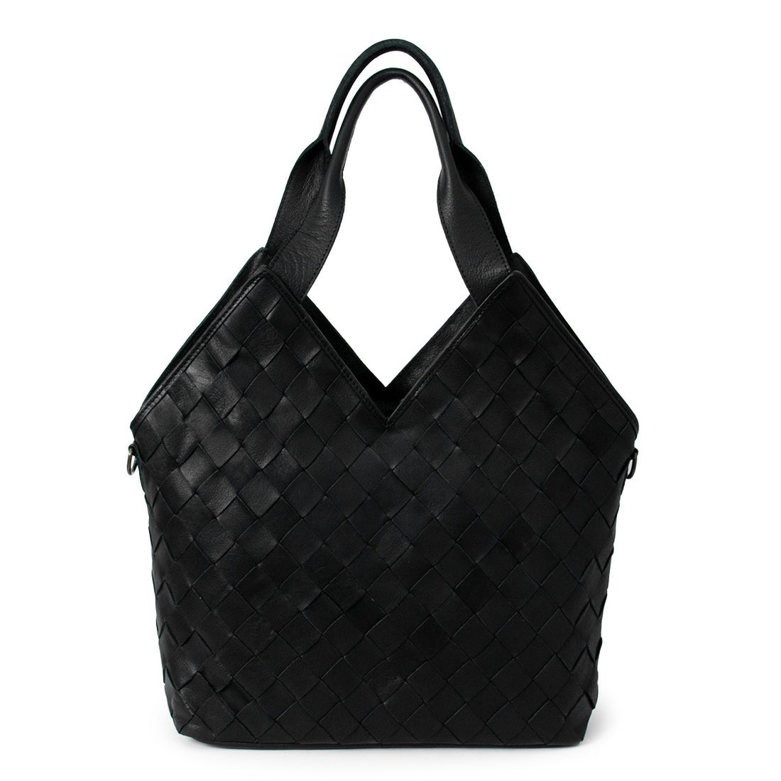 Black woven handbag on a white background