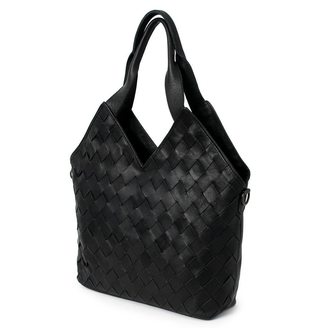 Black woven handbag on a white background