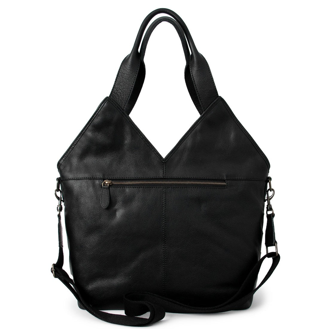 Black leather handbag with a shoulder strap on a white background
