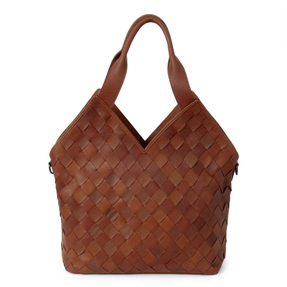 Brown woven handbag on a white background