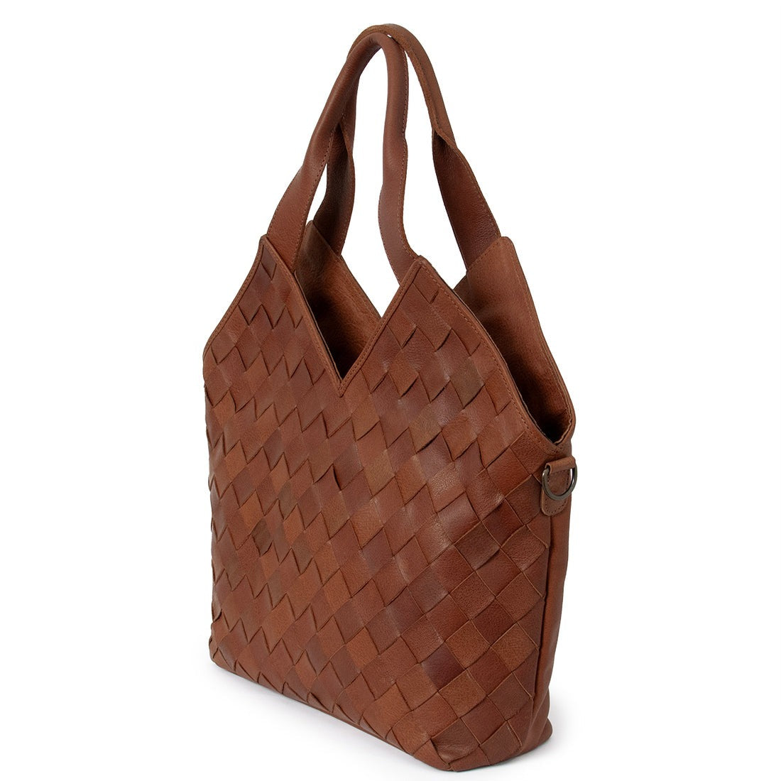 Brown woven handbag on a white background