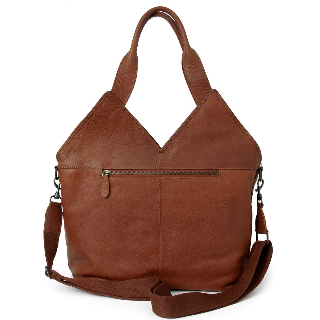 Brown leather handbag with a shoulder strap on a white background