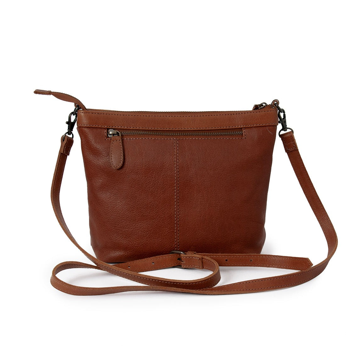 Brown leather crossbody bag on a white background