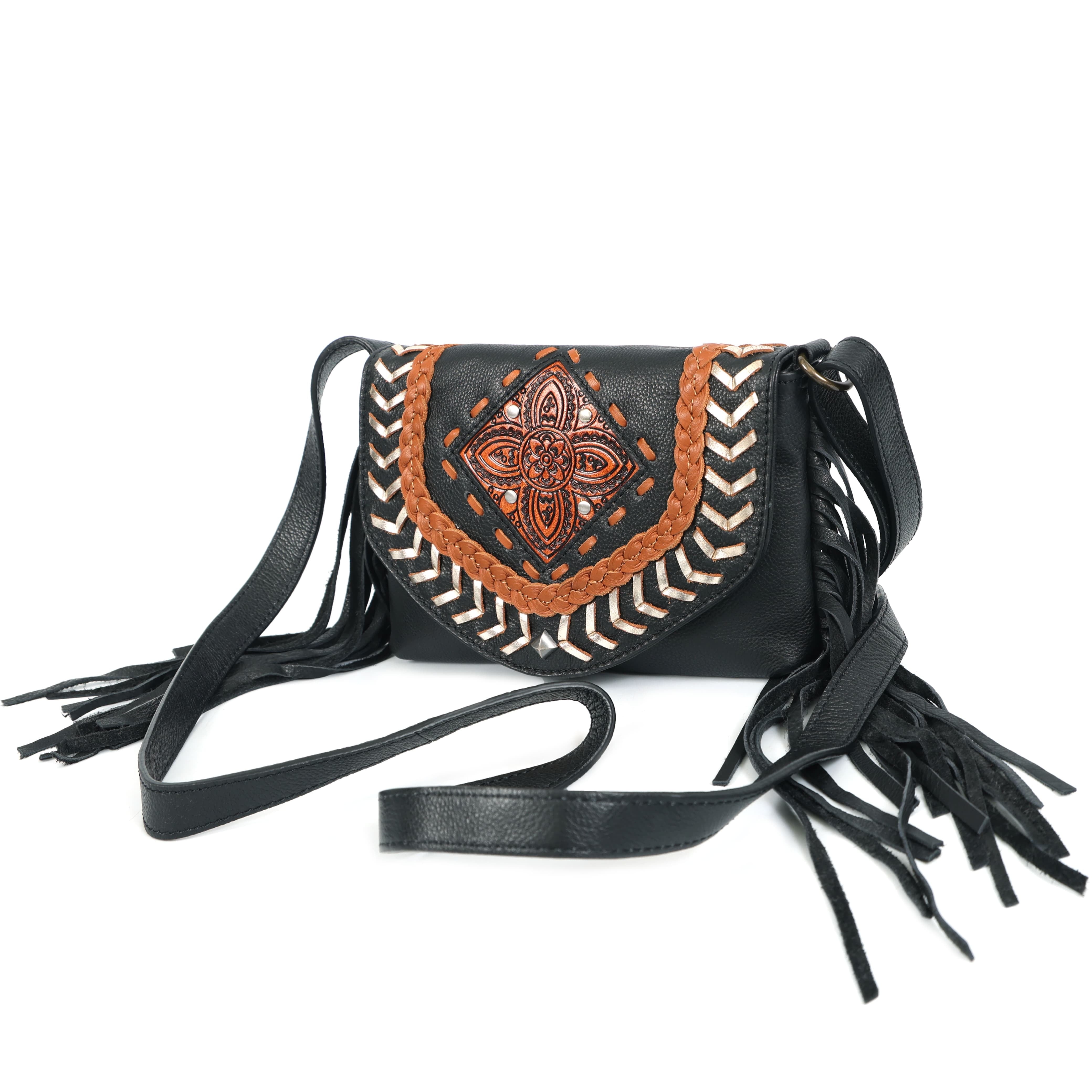 Coachella Sling | Boho Fringe Crossbody with Hand-Tooled Design(EL-GM-48-ON )