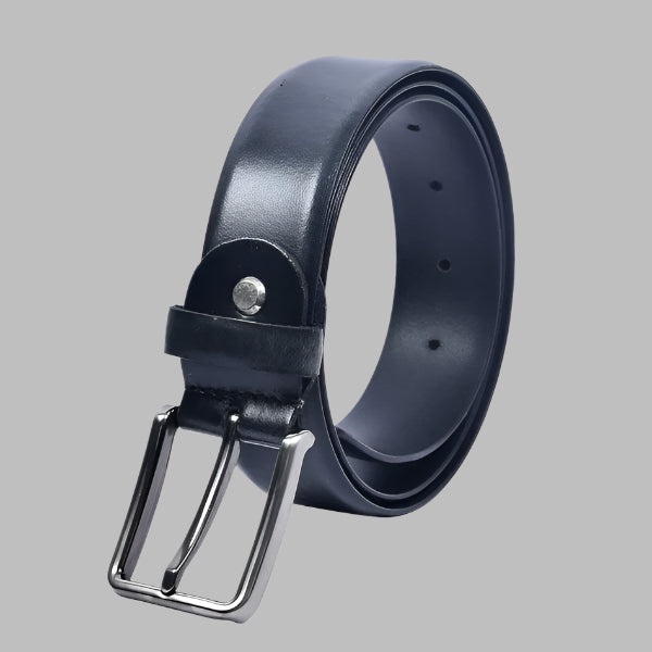 A black full-grain leather belt with a metal buckle, displayed against a white background.