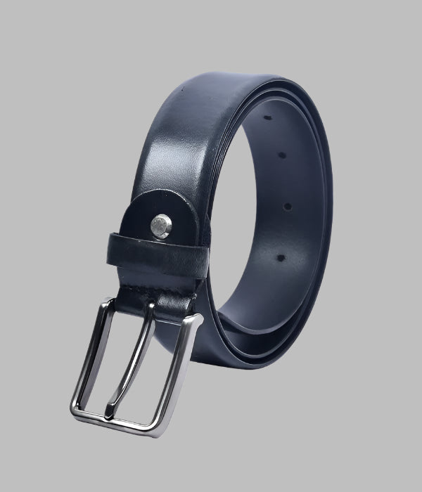 A black full-grain leather belt with a metal buckle, displayed against a white background.