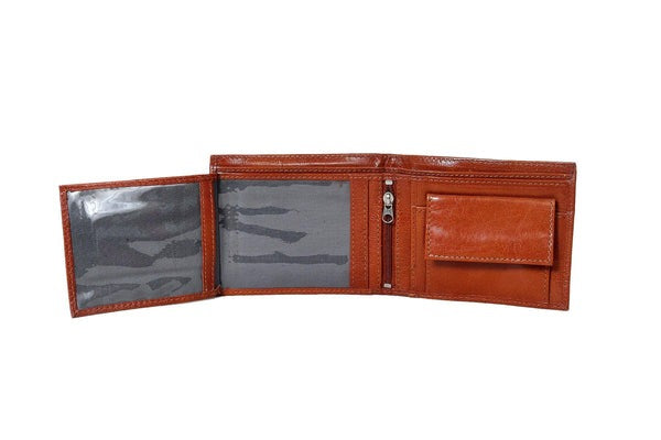 Brown leather wallet with multiple card slots on a white background
