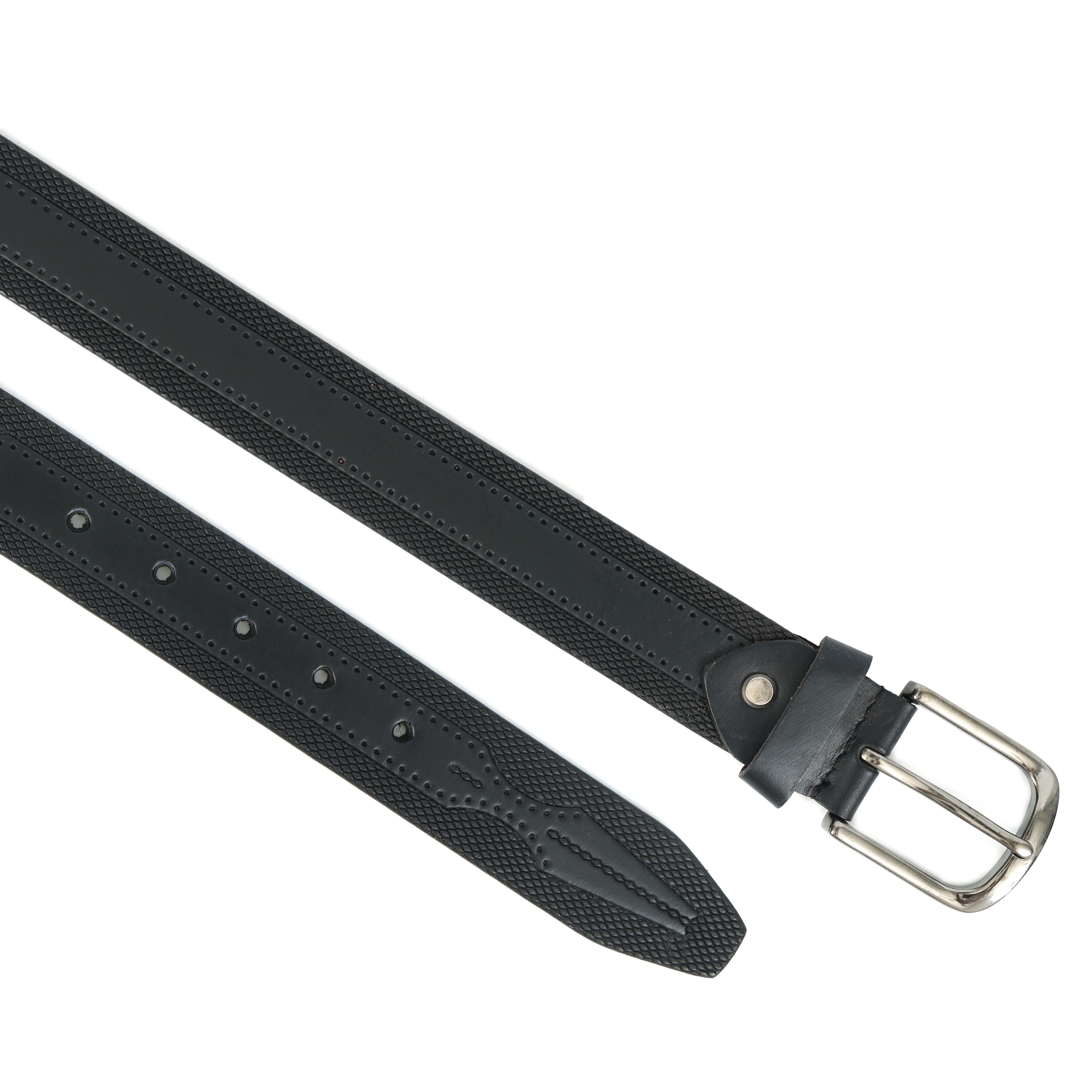 Black textured belt with a silver buckle on a white background