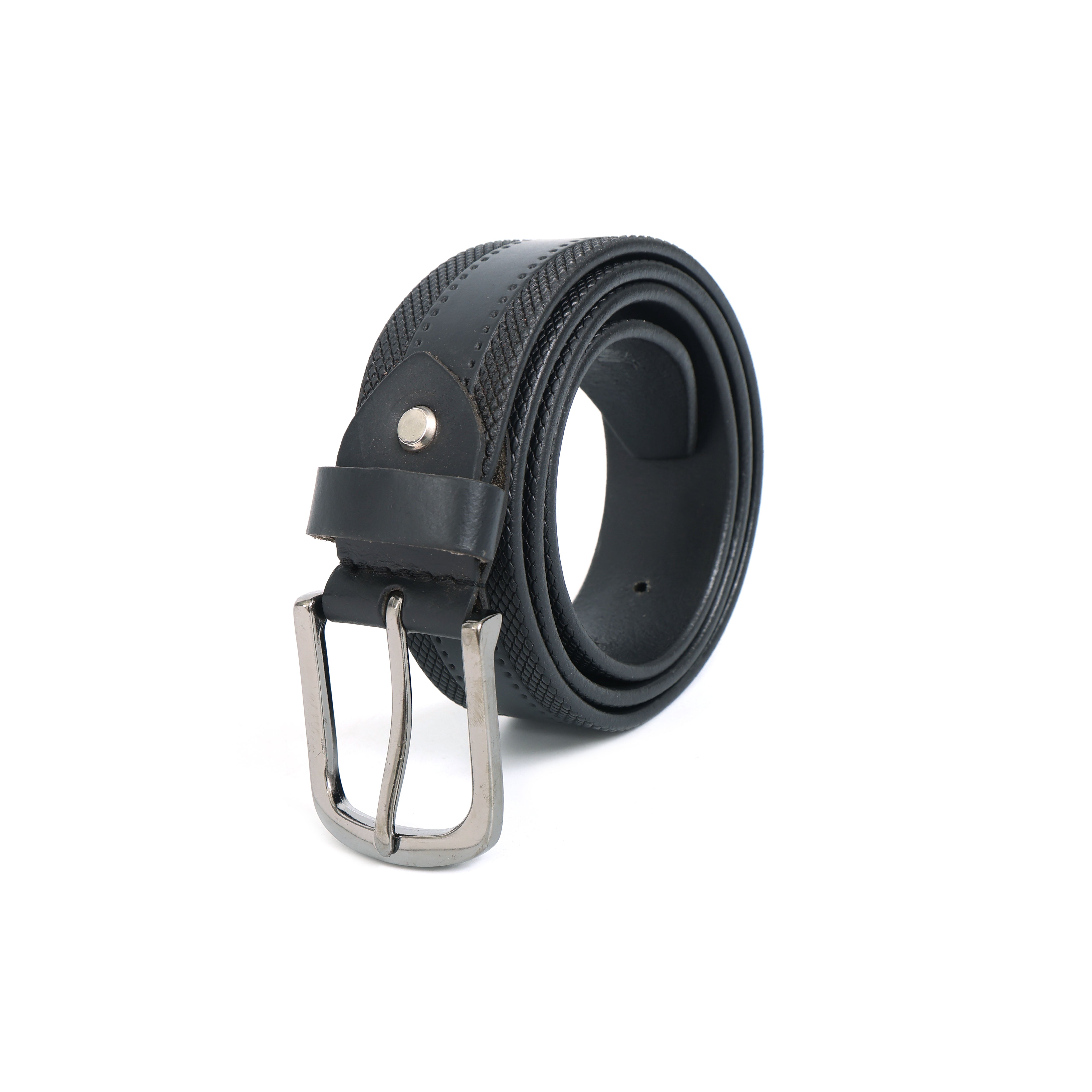 Black leather belt with a silver buckle on a white background