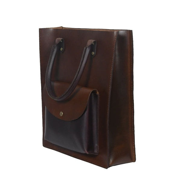 Brown leather tote bag on a white background