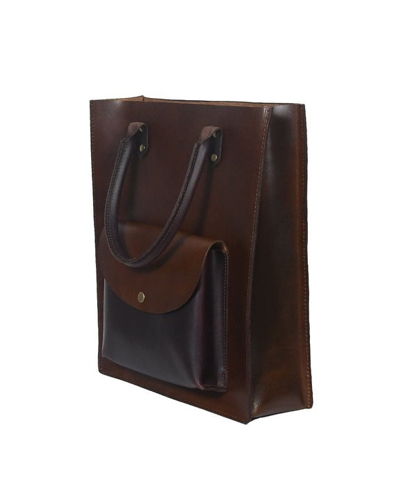 Brown leather tote bag on a white background