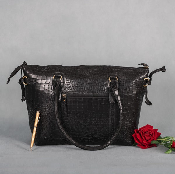 Premium Leather Laptop Tote Bag – Handcrafted Women’s Work & Travel Shoulder Bag | Stylish Brown Croc-Embossed Design