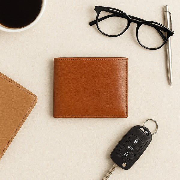 Brown leather wallet with car key fob, glasses, pen, and coffee cup on a beige surface