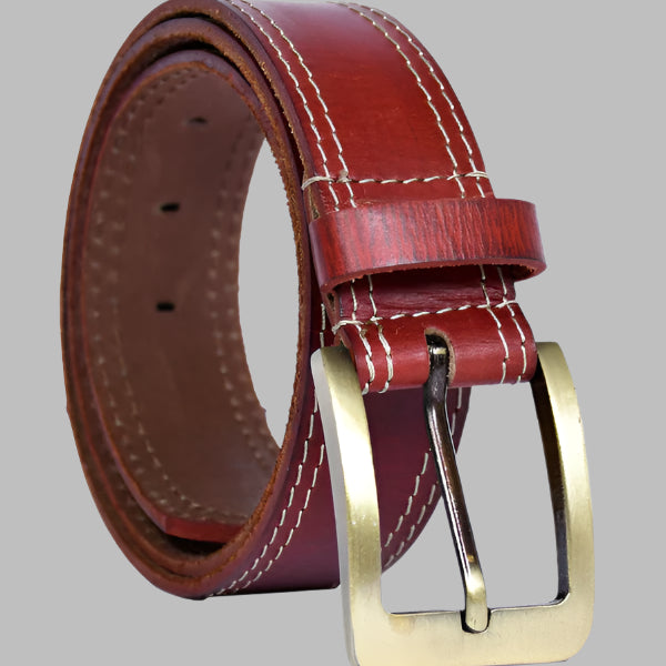 A red full-grain leather belt with a metal buckle and white stitching.