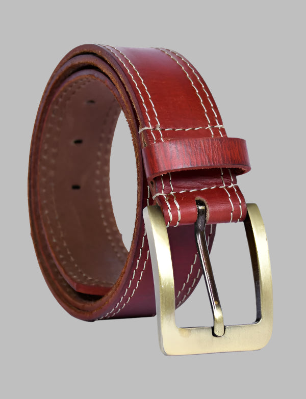 A red full-grain leather belt with a metal buckle and white stitching.