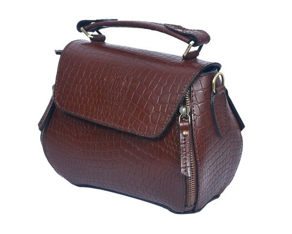 Brown textured handbag with gold accents on a white background