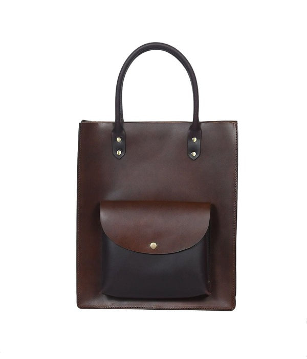 Brown leather tote bag with a smaller brown pouch attached on a white background