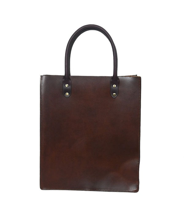 Brown leather tote bag with black handles on a white background