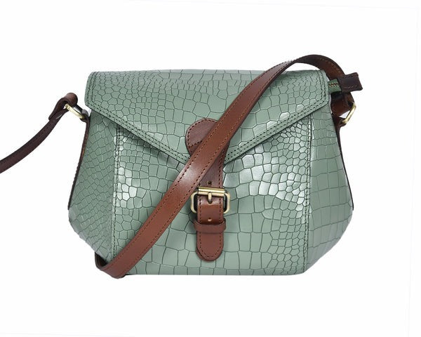 Croco-Textured Sling Bag – Leather Crossbody in Sage Green & Black (Art: BG-1460)