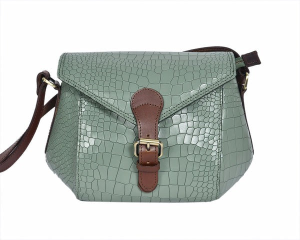 Croco-Textured Sling Bag – Leather Crossbody in Sage Green & Black (Art: BG-1460)