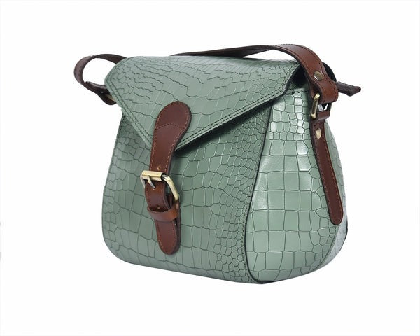 Croco-Textured Sling Bag – Leather Crossbody in Sage Green & Black (Art: BG-1460)