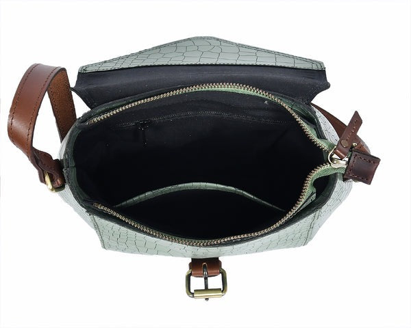 Croco-Textured Sling Bag – Leather Crossbody in Sage Green & Black (Art: BG-1460)