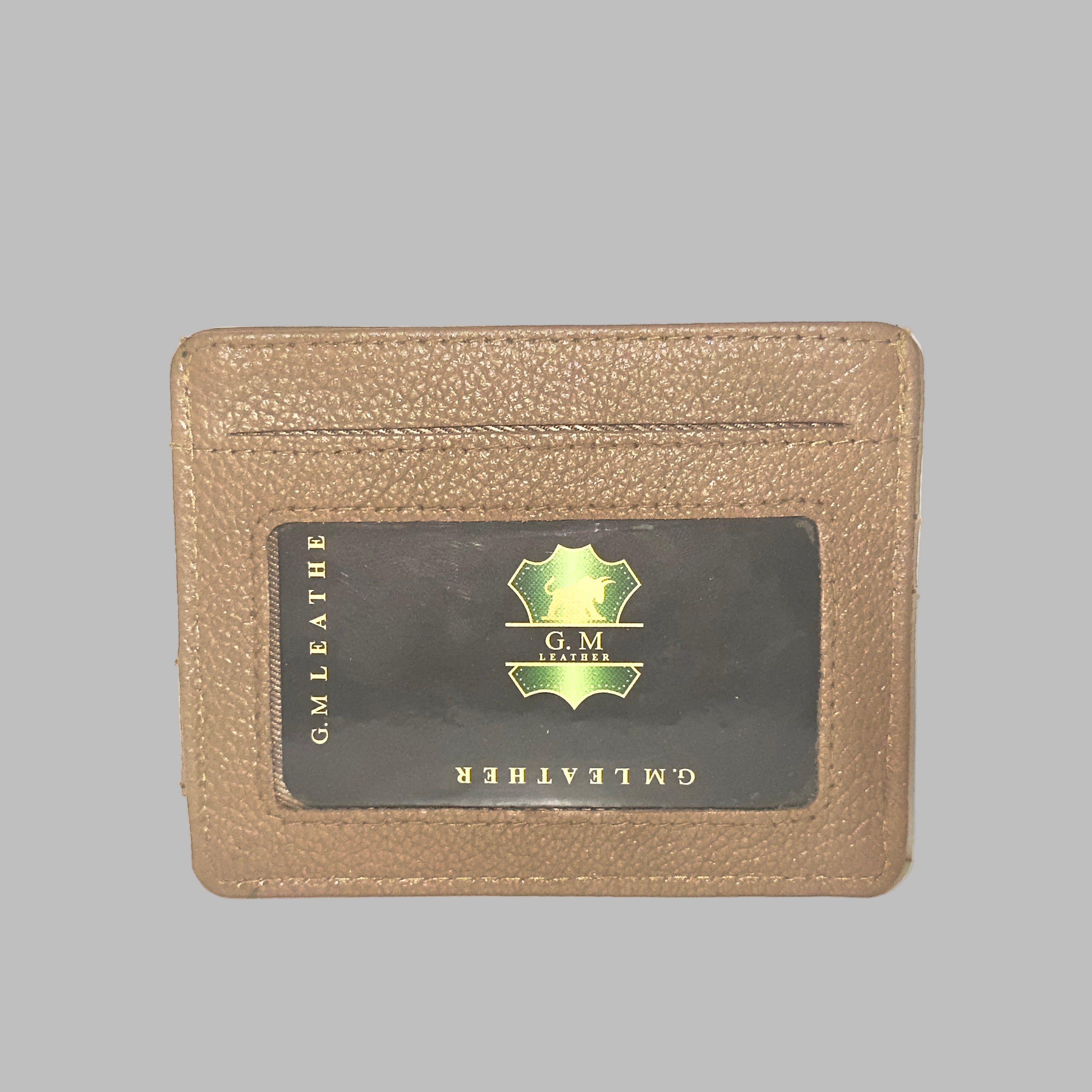 Camel color leather cardholder with visible brand logo on a white background