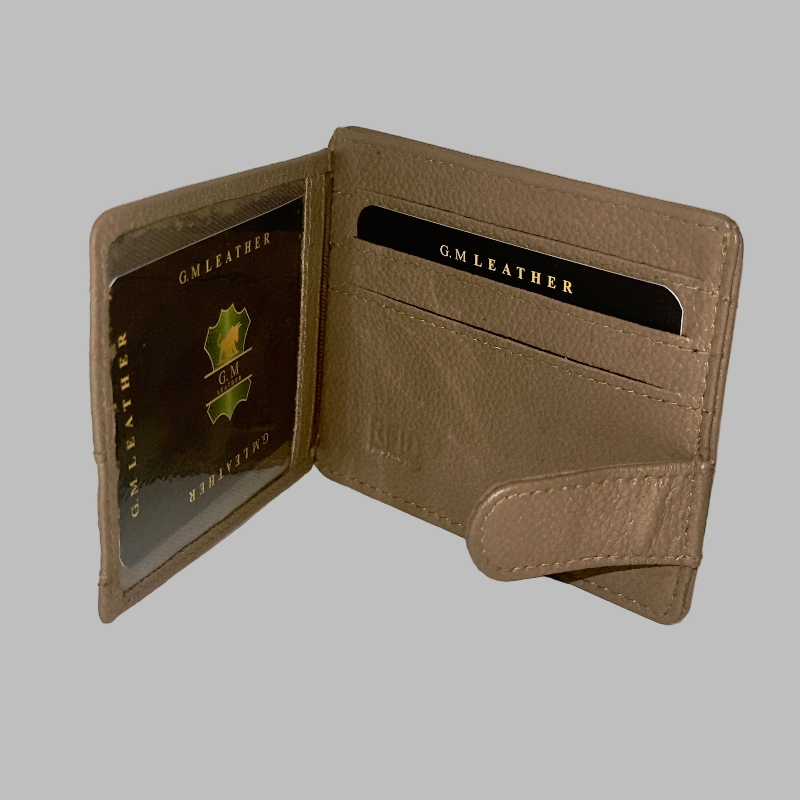 Brown leather wallet with card slots on a white background