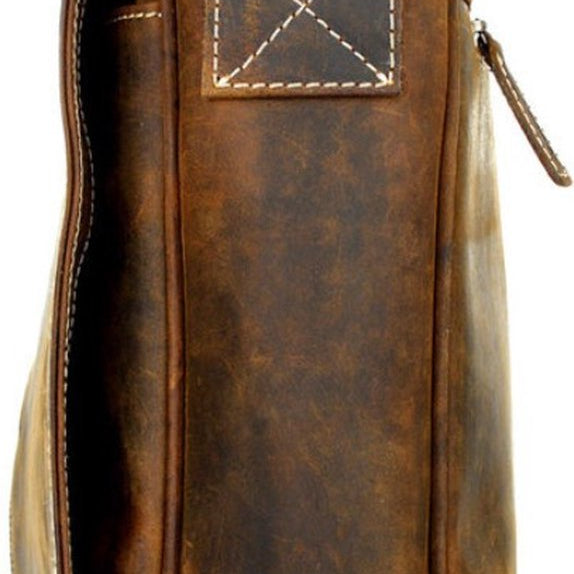 Brown leather crossbody bag with visible stitching on a white background