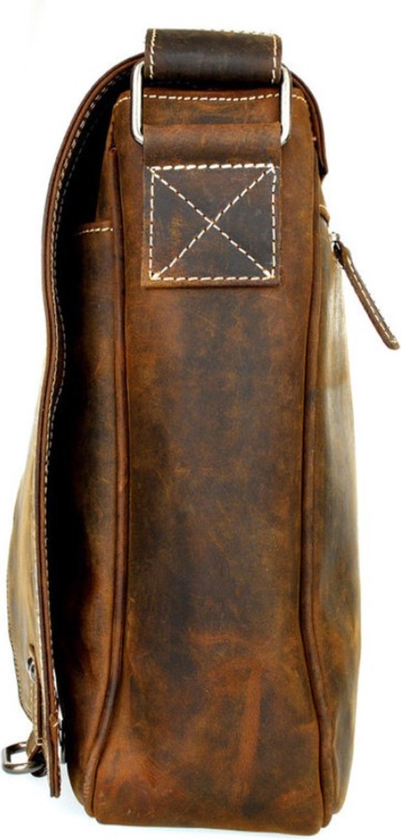 Brown leather crossbody bag with visible stitching on a white background