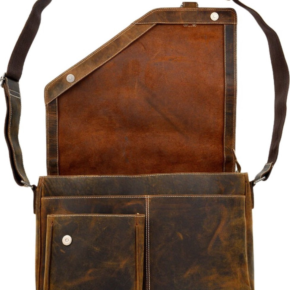 Brown leather messenger bag with a strap on a white background