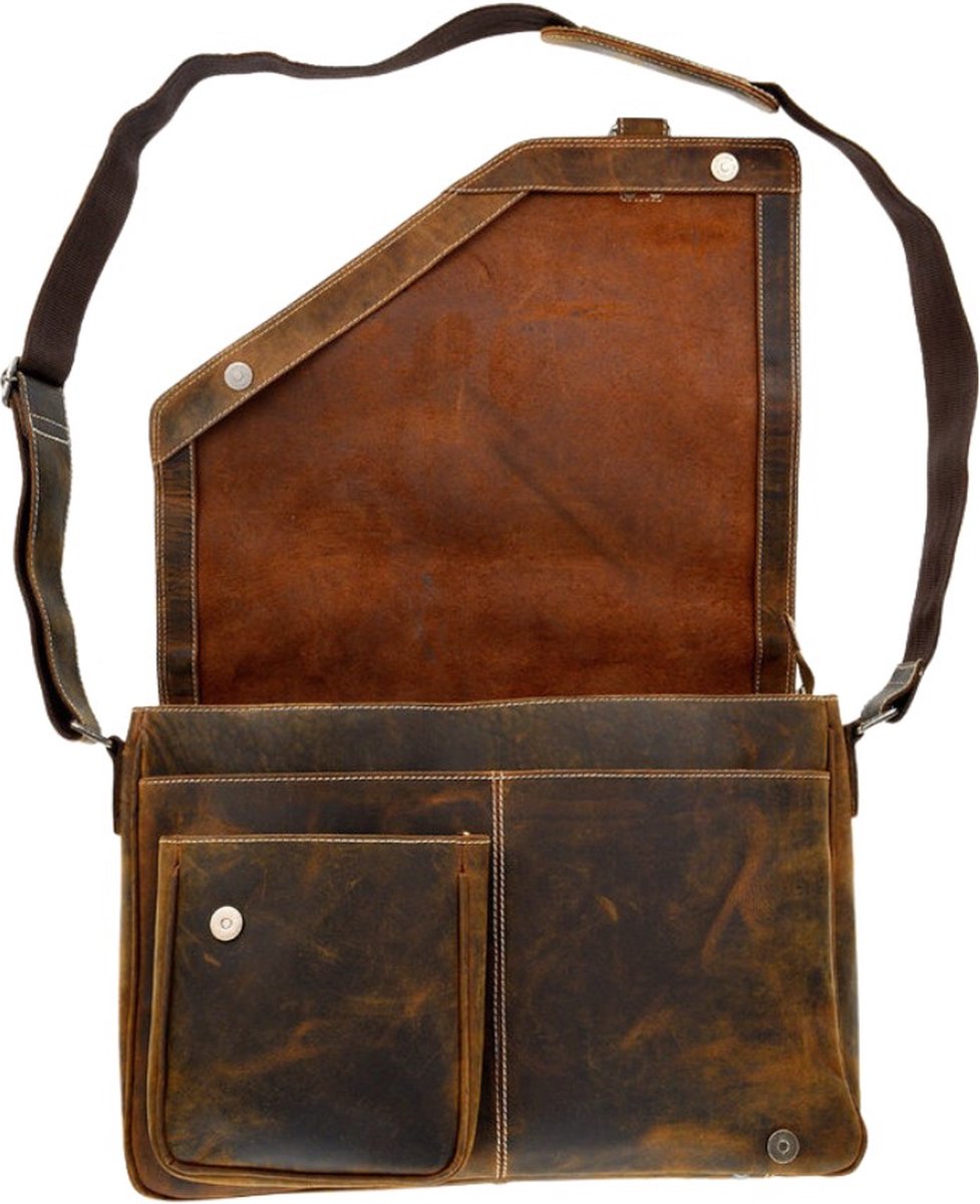 Brown leather messenger bag with a strap on a white background