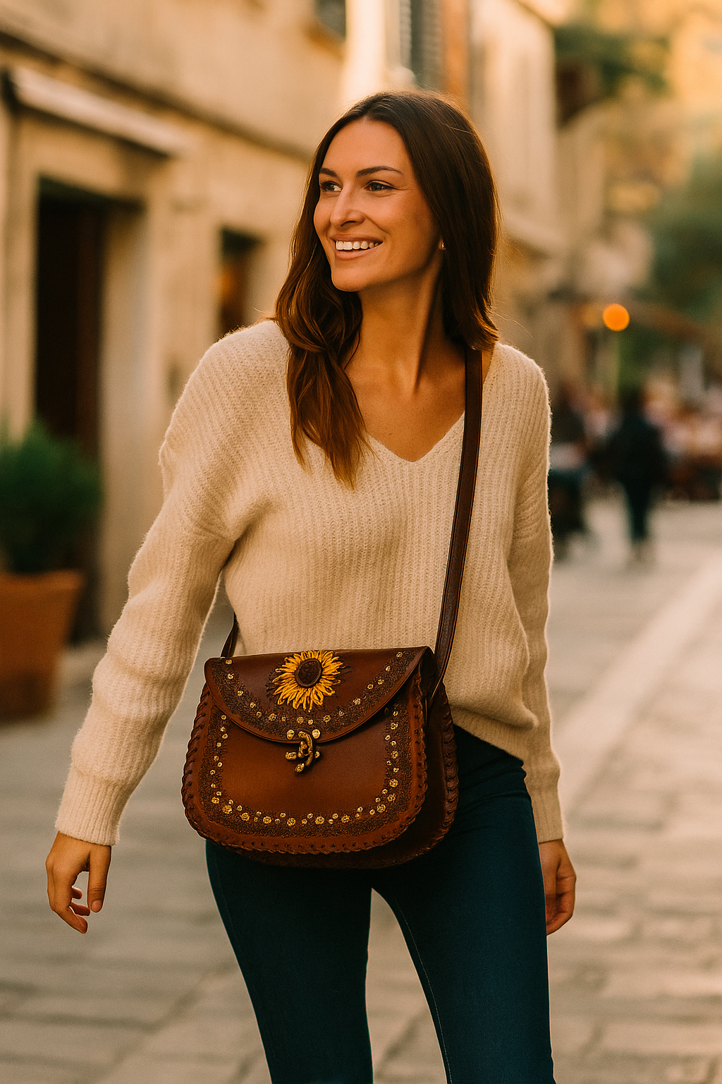 Handcrafted Sunflower Leather Saddle Bag – Brown Floral Sling Crossbody (EL-GM-44-ON)