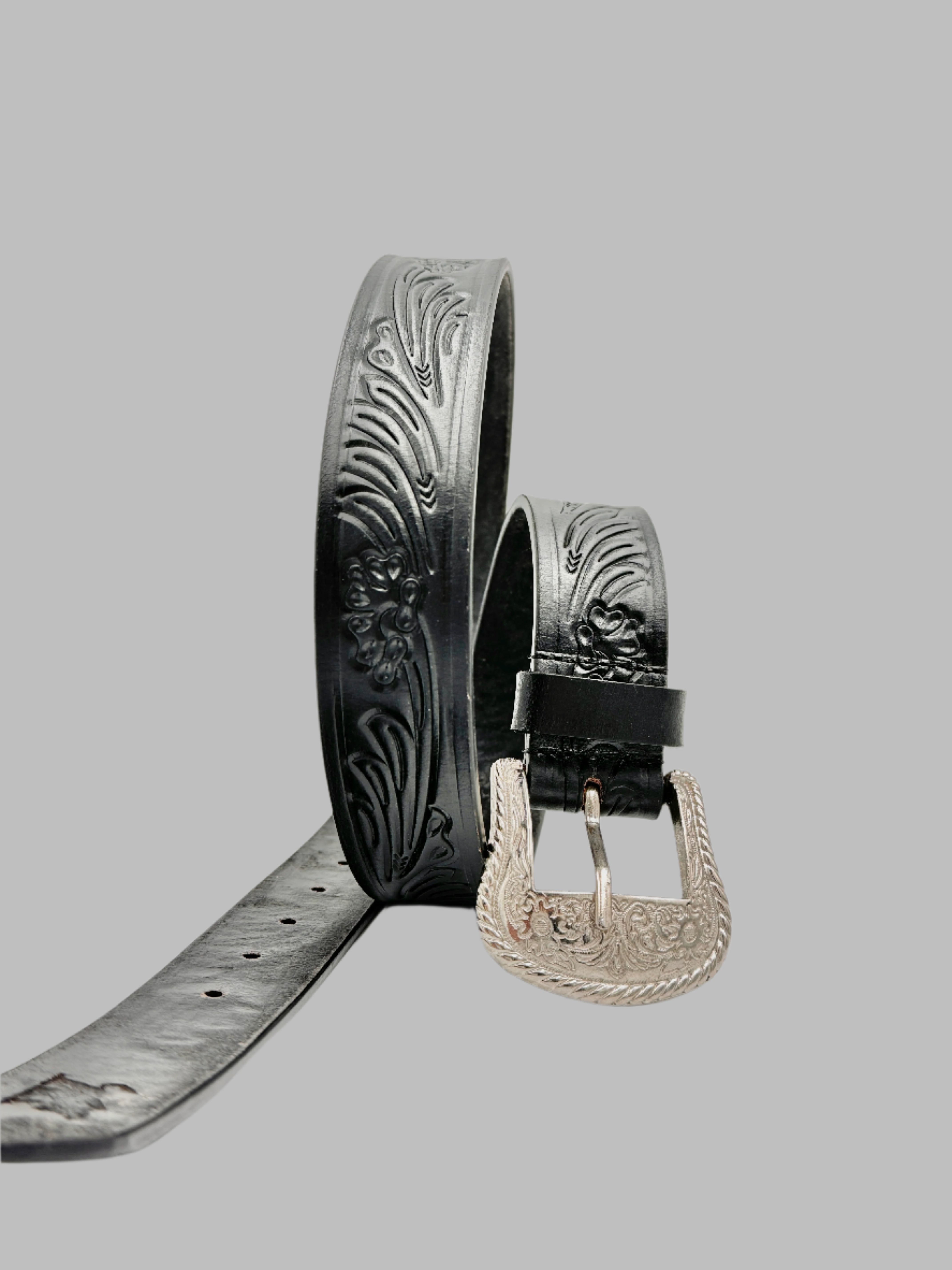 Hand Carved Cowboy Black Leather Belt 38mm